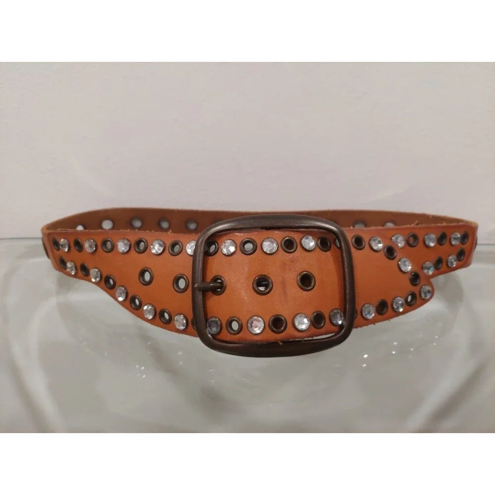 Gap 1969 Studded Rhinestone Leather Belt Massive Buckle Closure Brown Small